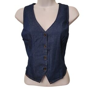 Retro Blue Jean Denim‎ Vest L Button Front Sleeveless Cottage Western Prairie